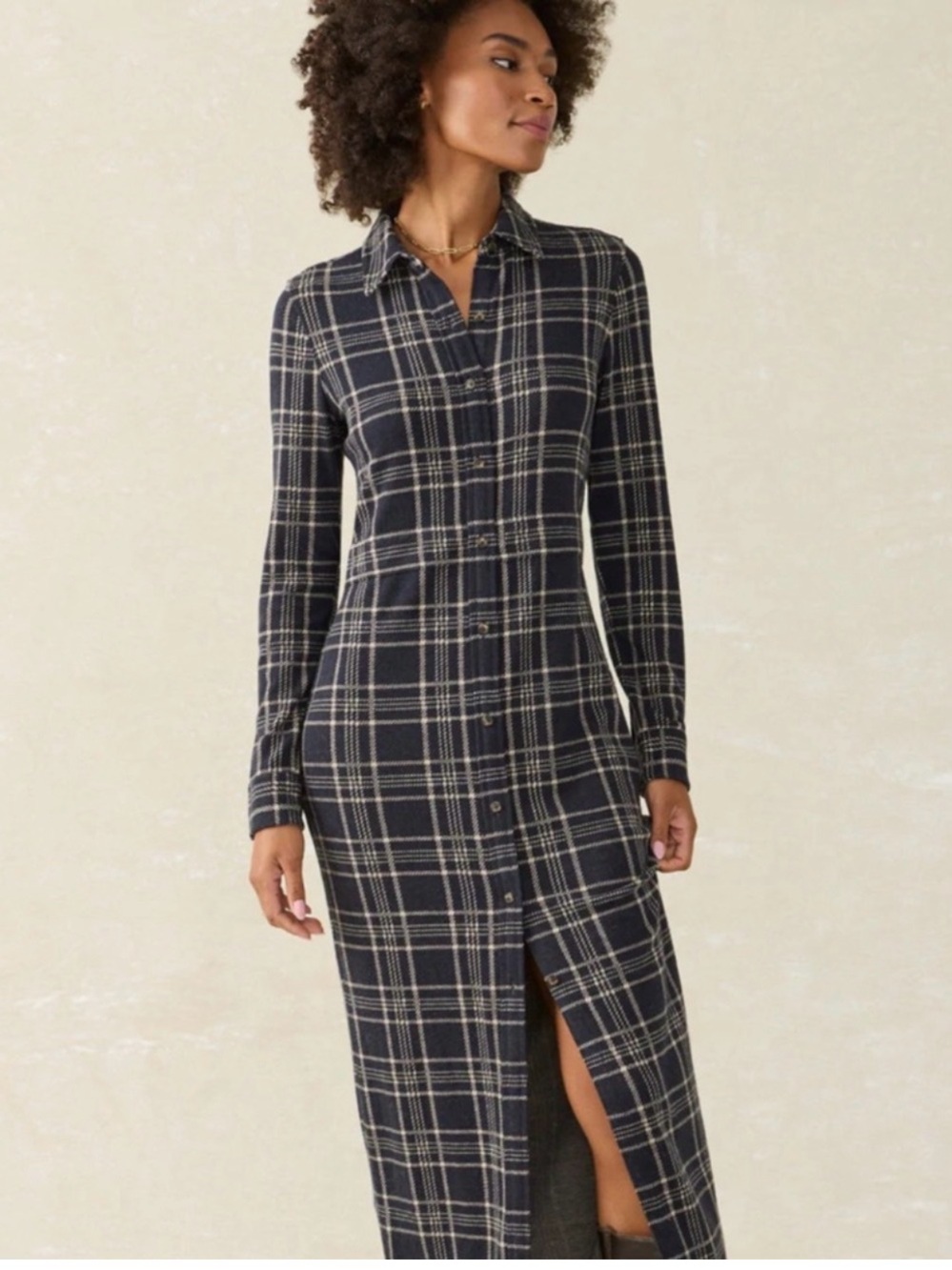 Faherty Navy and Cream Plaid Long-Sleeve Maxi Shirt Dress